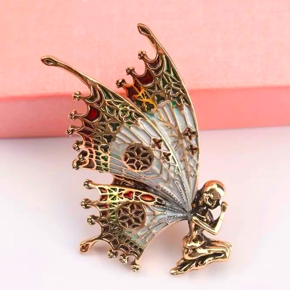 Butterfly Angel Fairy Gold, Green, Maroon, Gray, & Red Brooch Pin - Picture 6 of 7